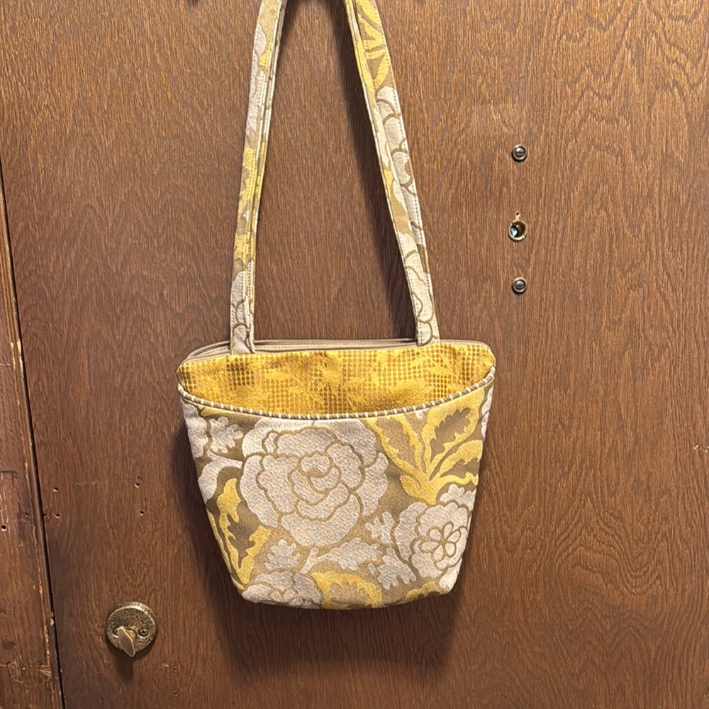 Gold and Tan  Maruca  Shoulder Bag with Floral Design